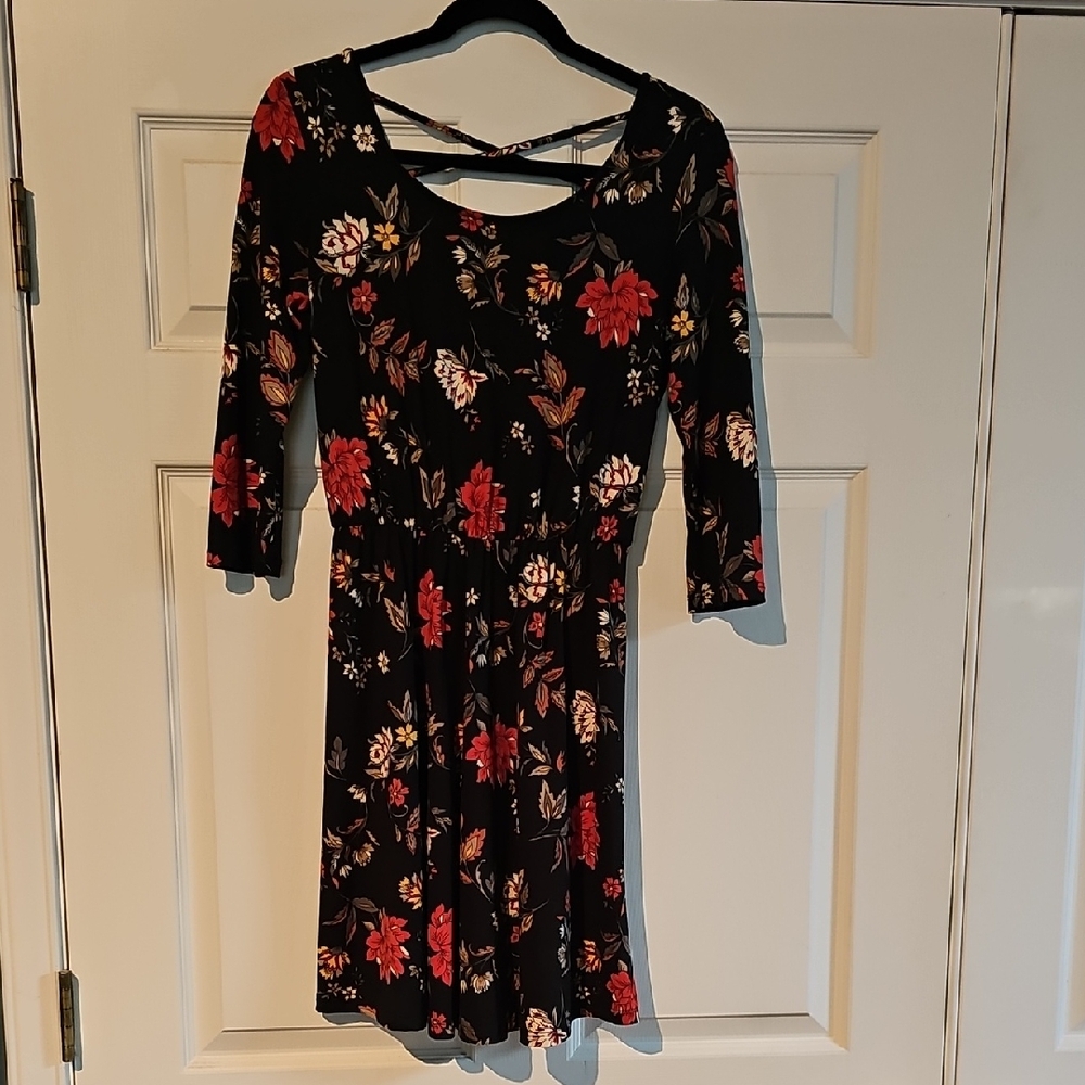 French Grey Black and Red Floral Long Sleeve Dress